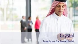  Presentation with islamic - Slide deck with white man mobilphone - modern islamic businessman using smart background and a sky blue colored foreground