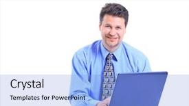  Presentation with office desk reception - PPT theme featuring white man telephone - businessman sitting by desk background and a  colored foreground