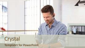  Presentation with computer hardware bus - Slides enhanced with white man telephone - busy casual businessman working background and a soft green colored foreground