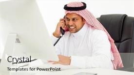  Presentation with arabian nights - Presentation design consisting of white man telephone - handsome arabian businessman talking background and a sky blue colored foreground