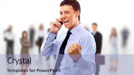  Presentation with mobile phone and germs - PPT theme consisting of white man telephone - young businessman using mobile phone background and a  colored foreground