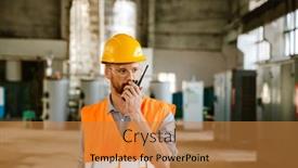  Presentation with radio - PPT layouts enhanced with white-man-wearing-helmet-using background and a gold colored foreground