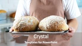  Presentation with bread - PPT theme featuring white marron - baker checking freshly baked bread background and a  colored foreground