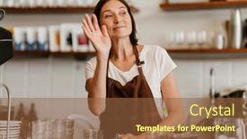  Presentation with customers - Slide deck featuring white-mature-barista-woman-smiling background and a tawny brown colored foreground