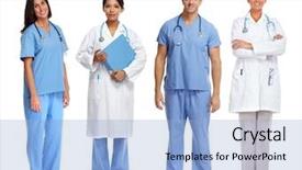  Presentation with instruction set - Beautiful presentation theme featuring white medical students white coats group - doctors set backdrop and a light blue colored foreground