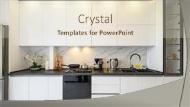  Presentation with kitchen furniture - Amazing PPT theme having white-modern-classic-kitchen-interior backdrop and a lemonade colored foreground