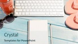  Presentation with accessories - Theme enhanced with white modern keyboard with beach accessories on blue wooden table background and a light blue colored foreground