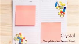  Presentation with blank note book and wooden - Audience pleasing PPT layouts consisting of white notebook sticker page - blank notepad with pills backdrop and a  colored foreground
