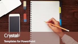  Presentation with hand holding pencil - Cool new slides with white notepad over wooden table backdrop and a tawny brown colored foreground