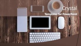  Presentation with notepad - Audience pleasing slide deck consisting of white open notepad and computer keypad mouse mobile coffee isolated on the wooden desktop backdrop and a violet colored foreground