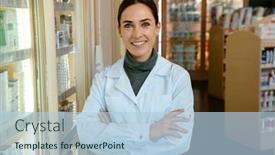  Presentation with pharmacist - Presentation design enhanced with white-pharmacist-woman-wearing-medicine background and a light blue colored foreground