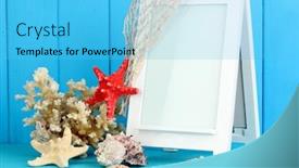  Presentation with decoration - Slides with white photo frame for home decoration on blue background background and a cyan colored foreground
