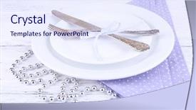 Presentation with white christmas - Presentation theme enhanced with white plate fork knife and christmas decoration on lilac polka dot napkin on wooden background background and a sky blue colored foreground