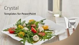  Presentation with fresh fruits salad on white - PPT theme with white-plate-with-dietary-salad background and a light gray colored foreground