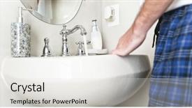  Presentation with water faucet - Slides with white porcelain sink with water running from the faucet and waist of man in shot horizontal shot background and a light gray colored foreground