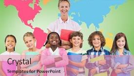  Presentation with school kids - Amazing PPT theme having white professional side border - digital composite of kids holding backdrop and a coral colored foreground