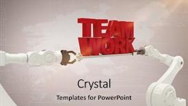  Presentation with team work - PPT theme featuring white robotic hand holding team background and a  colored foreground