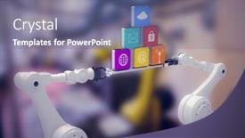  Presentation with machinery - PPT layouts consisting of white robotic hands holding computer icons over white background against image of machinery background and a gray colored foreground