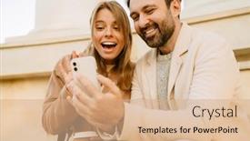  Presentation with romantic - Presentation design having white-romantic-couple-using-cellphone background and a coral colored foreground