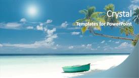  Presentation with palm beach - Audience pleasing PPT theme consisting of tropical beach panorama with palm backdrop and a teal colored foreground