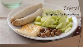  Presentation with cucumbers - Amazing theme having white sausages with roasted halloumi cheese cucumbers and olives backdrop and a mint green colored foreground