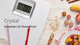  Presentation with white healthy food - Beautiful PPT theme featuring white scales blank notebook oatmeal porridge fresh berries fruit and nuts on light wooden background top view concept of healthy lifestyle healthy food planning of diet and slimming backdrop and a light gray colored foreground