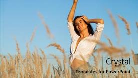  Presentation with beautiful young woman getting face - Theme having white shirt and jeans short background and a  colored foreground