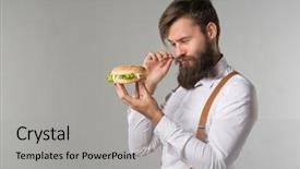  Presentation with junk food - PPT theme consisting of suspenders eating junk food background and a light gray colored foreground