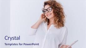  Presentation with listening woman - Slide deck enhanced with white shirt listening to music background and a  colored foreground