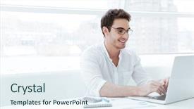  Presentation with man looking up happy - Slide deck consisting of white shirt using laptop computer background and a sky blue colored foreground