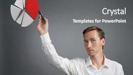 Presentation with pie chart - PPT theme featuring white shirt working with pie background and a gray colored foreground