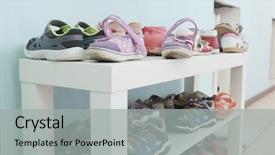  Presentation with shoe - Colorful presentation design enhanced with white shoe shelf with children shoes backdrop and a light gray colored foreground