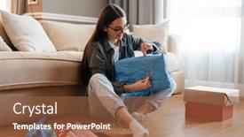  Presentation with white - Amazing PPT theme having white-smiling-woman-wrapping-presents backdrop and a tawny brown colored foreground