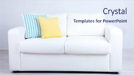  Presentation with room - Presentation featuring white sofa with colorful pillows background and a sky blue colored foreground