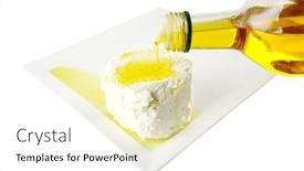  Presentation with olive - Amazing presentation having white soft cheese with olive oil on white dish backdrop and a white colored foreground