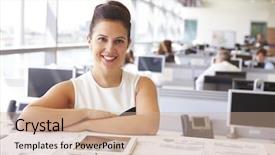  Presentation with desk - Colorful PPT theme enhanced with white space technology - female architect at her desk backdrop and a coral colored foreground