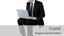  Presentation with laptop - Beautiful slide deck featuring white space technology - isolated business man with laptop backdrop and a light gray colored foreground