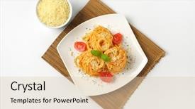  Presentation with cheese plate parmesan cheddar gouda - Audience pleasing PPT theme consisting of white square - plate of cooked spaghetti backdrop and a lemonade colored foreground