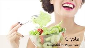  Presentation with happy smiling woman dental health - Colorful presentation theme enhanced with white studio shot eating salat backdrop and a coral colored foreground