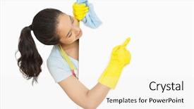  Presentation with rubber gloves - Audience pleasing theme consisting of white surface she is cleaning backdrop and a sky blue colored foreground