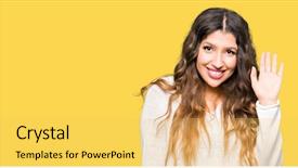  Presentation with friendly - PPT layouts featuring white sweater waiving saying hello background and a yellow colored foreground