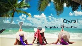  Presentation with coconut tree - Presentation design featuring white swimsuit on the beach background and a light blue colored foreground