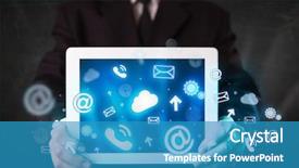  Presentation with blue - Colorful presentation design enhanced with white tablet with blue technology backdrop and a  colored foreground