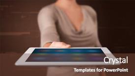  Presentation with hands holding black tablet - Colorful slide set enhanced with white tablet with blurry app backdrop and a  colored foreground