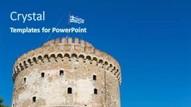  Presentation with greek - Slide set with white-tower-in-thessaloniki background and a ocean colored foreground