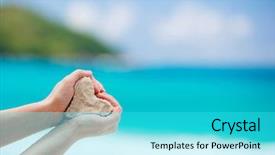  Presentation with hands holding - PPT theme featuring white tropical beach form heart background and a cyan colored foreground
