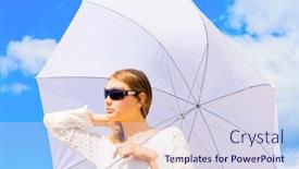  Presentation with under umbrella - PPT theme featuring white umbrella background and a sky blue colored foreground
