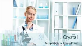  Presentation with scientist - Colorful PPT theme enhanced with white uniform working in laboratory backdrop and a sky blue colored foreground