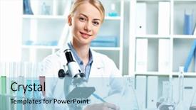  Presentation with scientist - Colorful PPT theme enhanced with white uniform working in laboratory backdrop and a  colored foreground