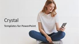  Presentation with mobile phone in woman hand - PPT theme featuring white wall background looking aside background and a light gray colored foreground